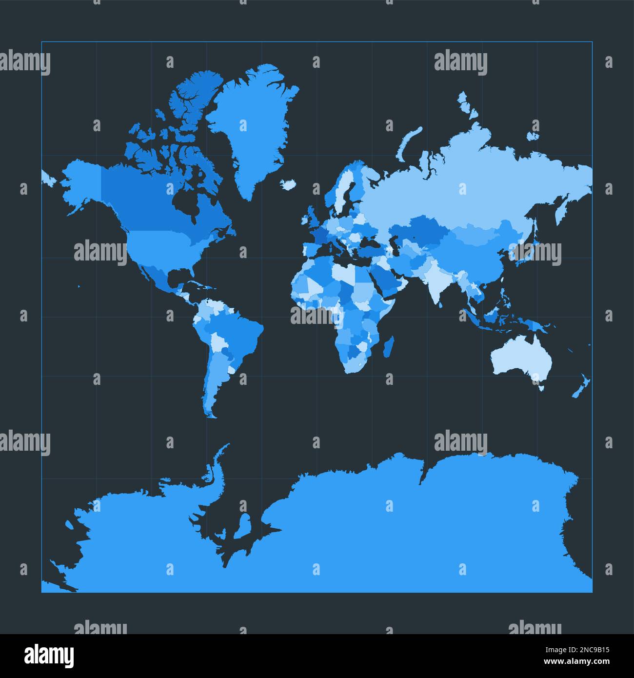 Carte du monde. Projection Mercator sphérique. Illustration futuriste pour votre infographie. Belle palette de couleurs bleues. Illustration vectorielle incroyable. Illustration de Vecteur