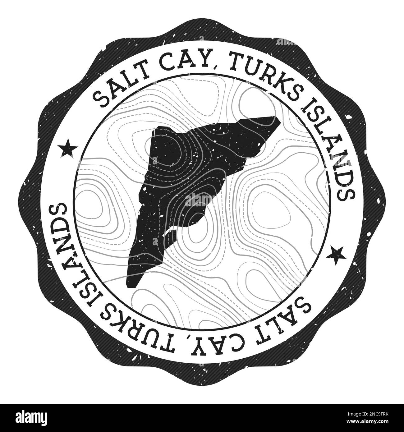 Salt Cay, timbre extérieur des îles Turks. Autocollant rond avec carte de l'île avec isolignes topographiques. Illustration vectorielle. Illustration de Vecteur