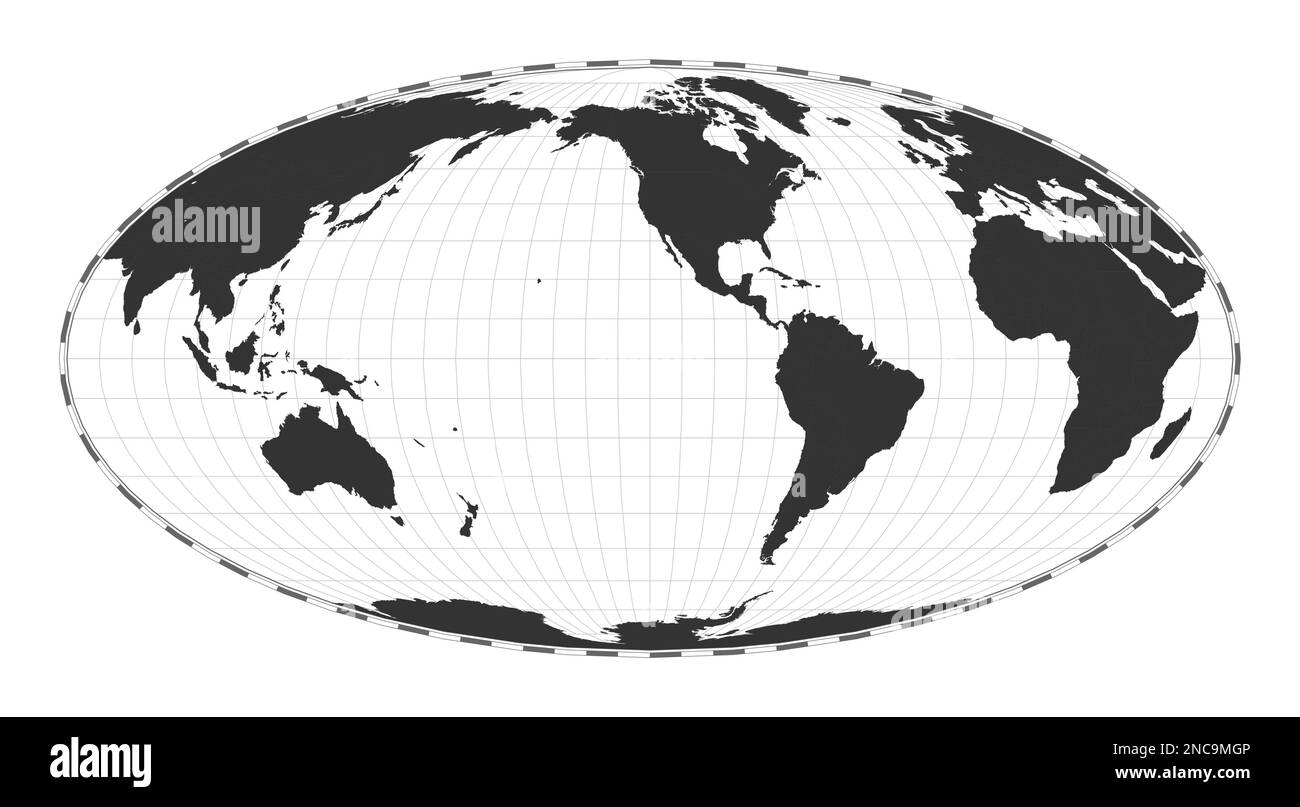 Carte du monde vectoriel. Projection de Mollweide pseudocrylindrique à surface égale. Carte géographique du monde Uni avec lignes de latitude et de longitude. Centré sur 120d Illustration de Vecteur