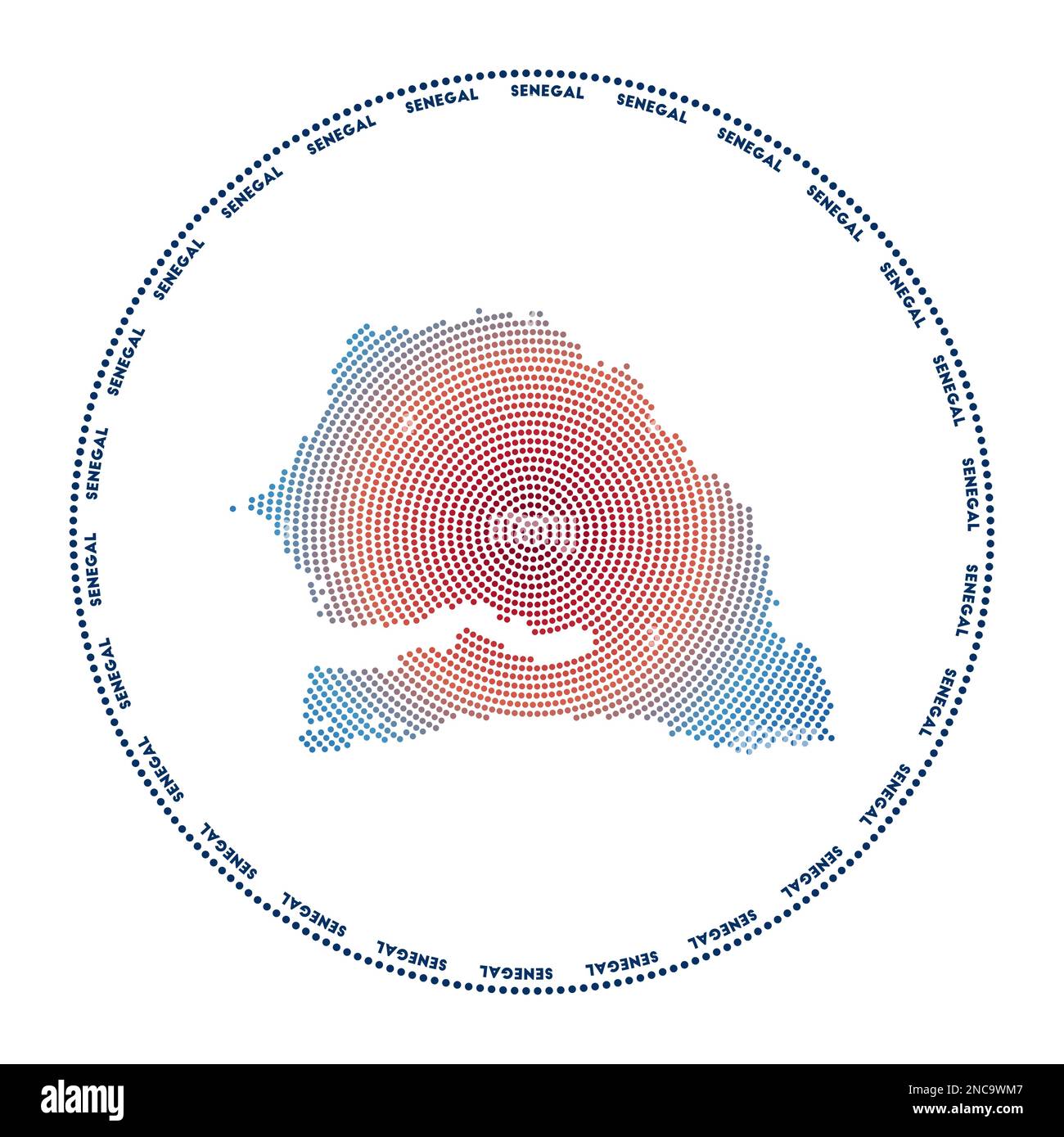 Logo Sénégal rond. Forme de style numérique du Sénégal en cercle pointillé avec le nom du pays. Icône technologique du pays avec points en dégradé. Vecteur classieux il Illustration de Vecteur