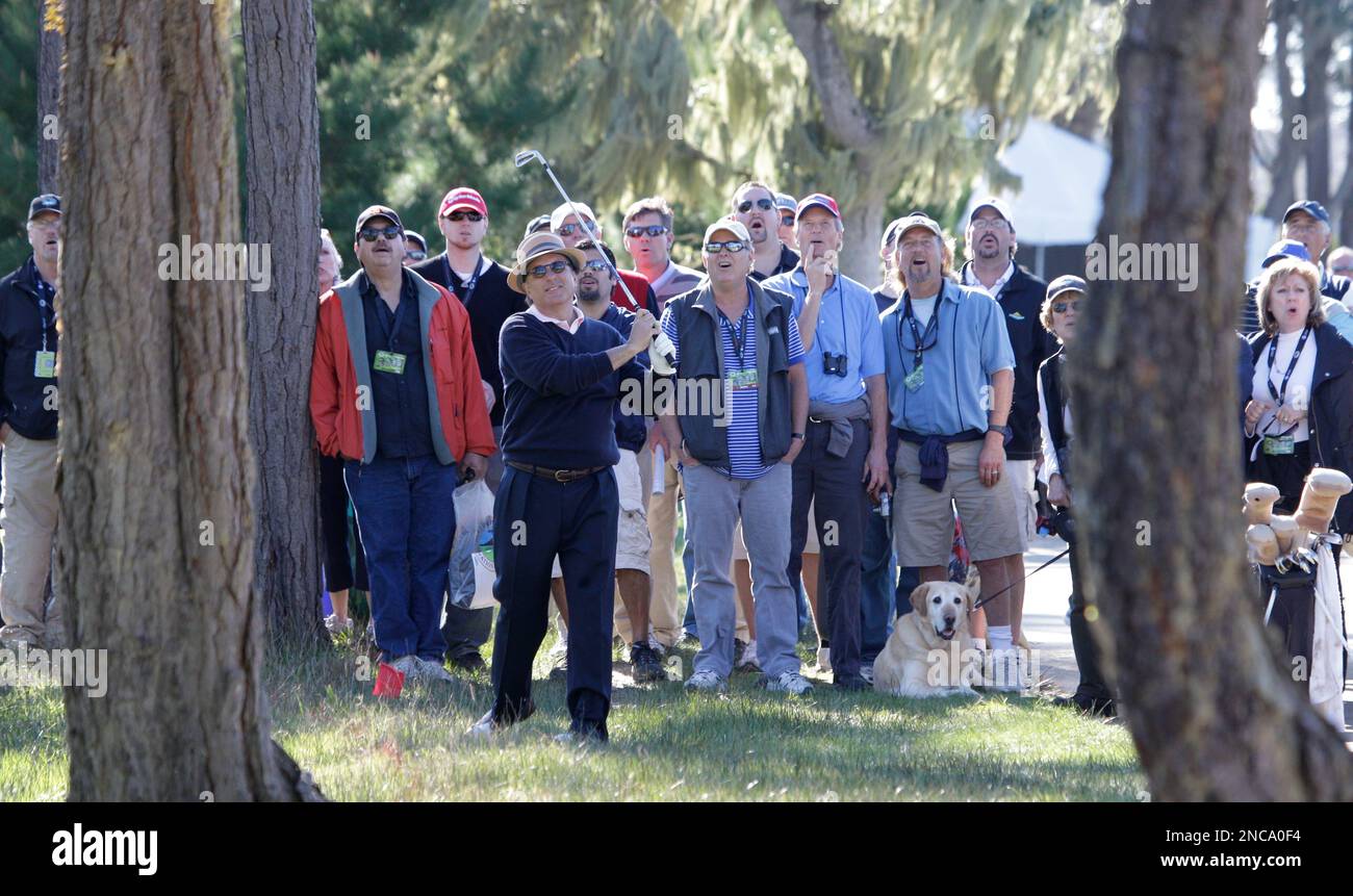 Actor Andy Garcia watches as his ball ricochets off a tree on the 17th hole of the Monterey Peninsula Country Club during the first round of the AT&T Pebble Beach National Pro-Am golf tournament in Pebble Beach, Calif., Thursday, Feb. 10, 2011. Garcia's ball ended up in a bunker on the nearby fourth hole. (AP Photo) Banque D'Images