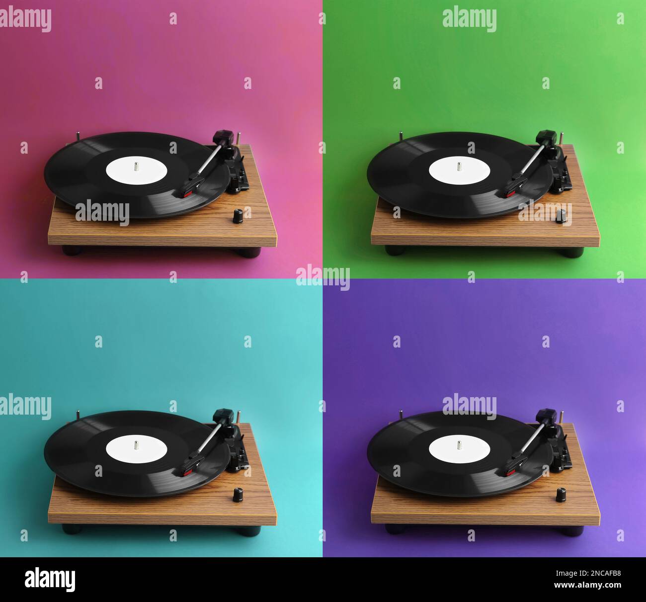 Collage de platines avec des disques en vinyle sur des arrière-plans de différentes couleurs Banque D'Images