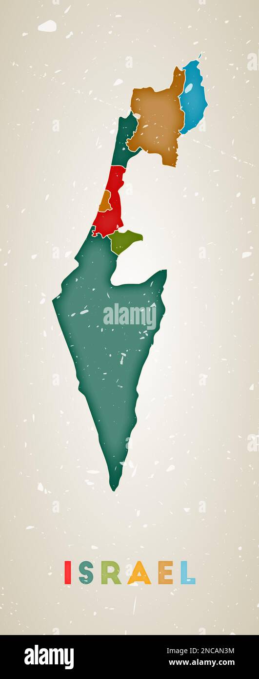 Carte d'Israël. Affiche pays avec régions de couleur. Ancienne texture de grunge. Illustration vectorielle d'Israël avec nom de pays. Illustration de Vecteur