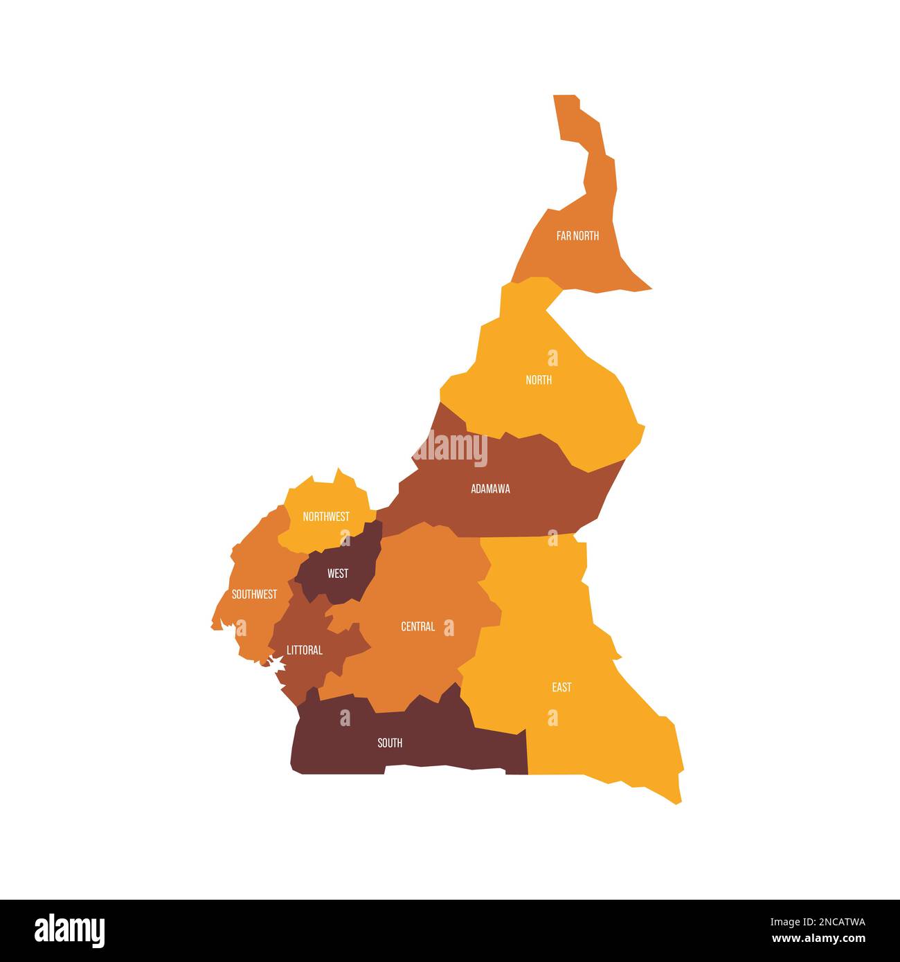 Cameroun carte politique des divisions administratives - régions. Carte vectorielle plate avec noms. Marron - coloris orange. Illustration de Vecteur