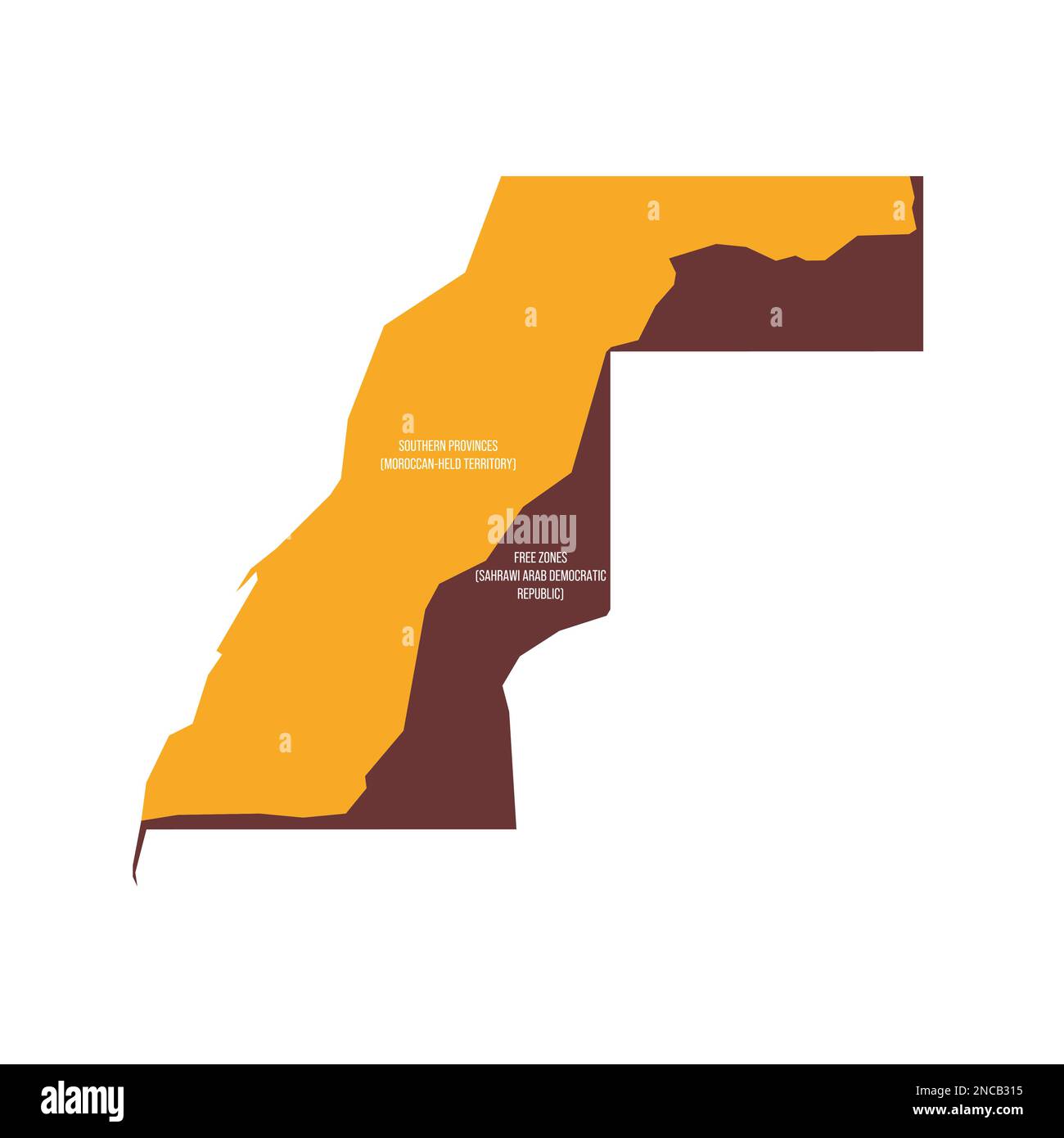 Carte occidentale des terres divisée entre le Maroc et la République démocratique arabe sahraouie par le mur marocain du Sahara occidental. Carte vectorielle plate avec noms. Marron - coloris orange. Illustration de Vecteur