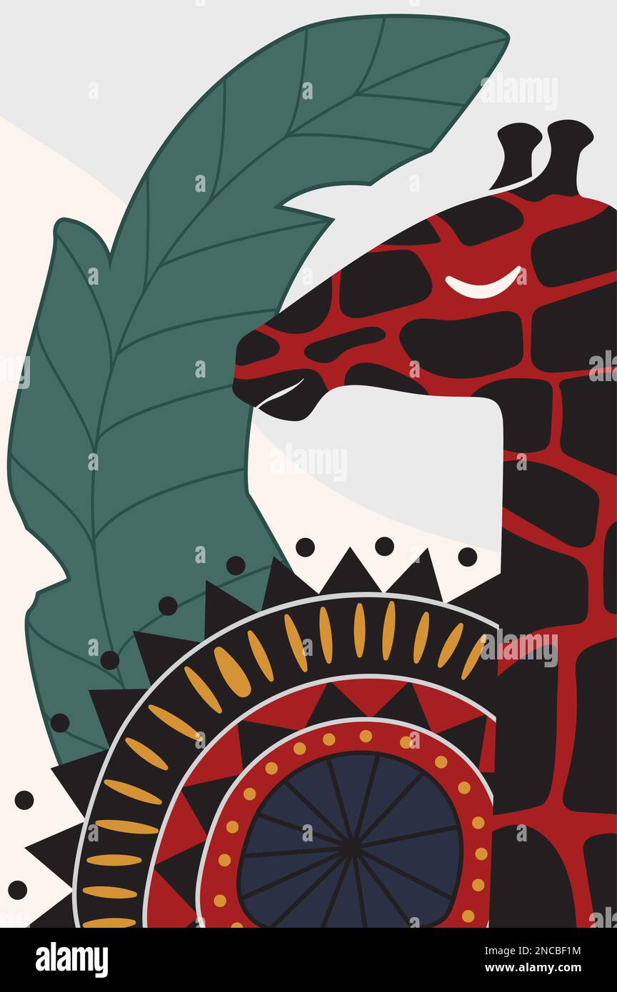 Girafe de style africain dans la jungle. Modèle de nature sauvage, illustration de dessin animé vectoriel de portrait de faune tribale Illustration de Vecteur