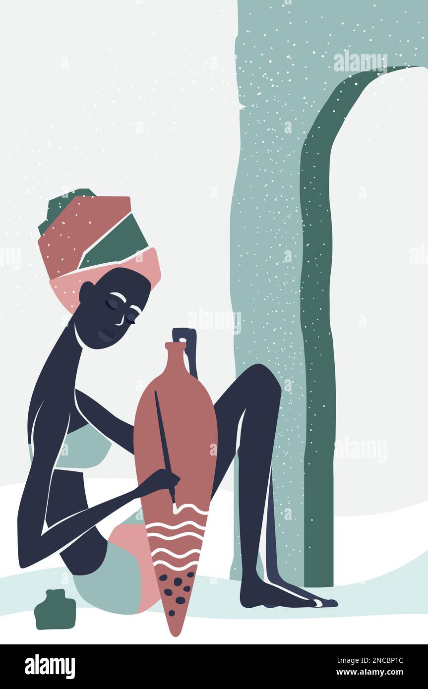 Femme afro peignant un vase. Illustration de dessins animés vectoriels de peuples tribaux ethniques traditionnels Illustration de Vecteur