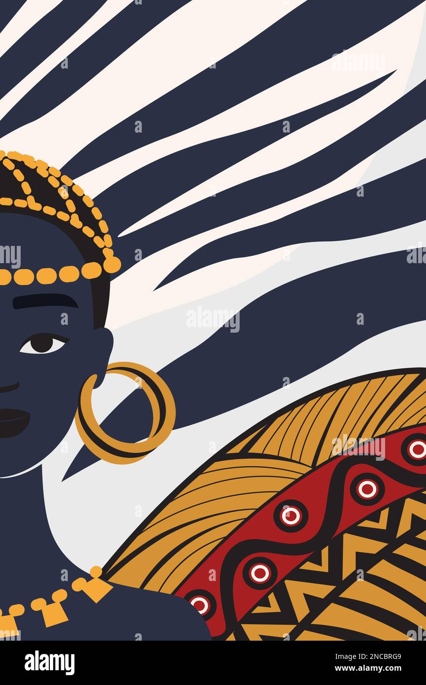 Femme africaine avec ornements ethniques. Illustration de dessin animé vectoriel de portrait de conception afro traditionnelle Illustration de Vecteur