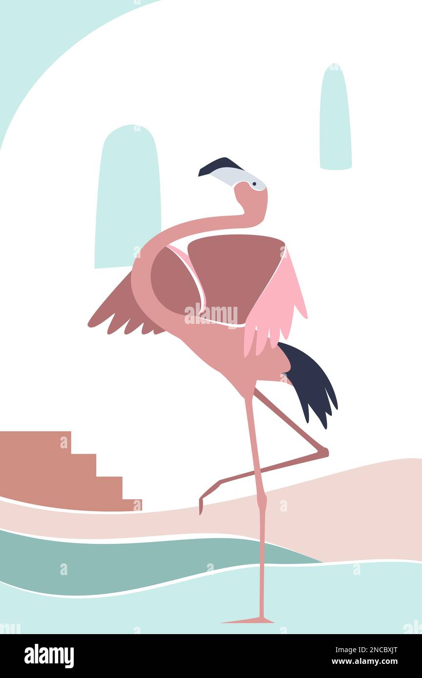 Oiseau de flamants tropicaux. Portrait de style africain, illustration de dessin animé vectoriel d'image décorative murale Illustration de Vecteur