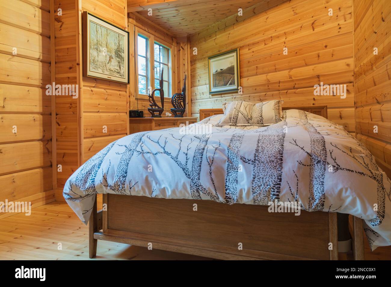 Lit queen size avec cadre en bois et couvre-lit rayé et oreillers assortis dans la chambre longue et étroite pièce sur pièce maison en bois de pin écossais. Banque D'Images