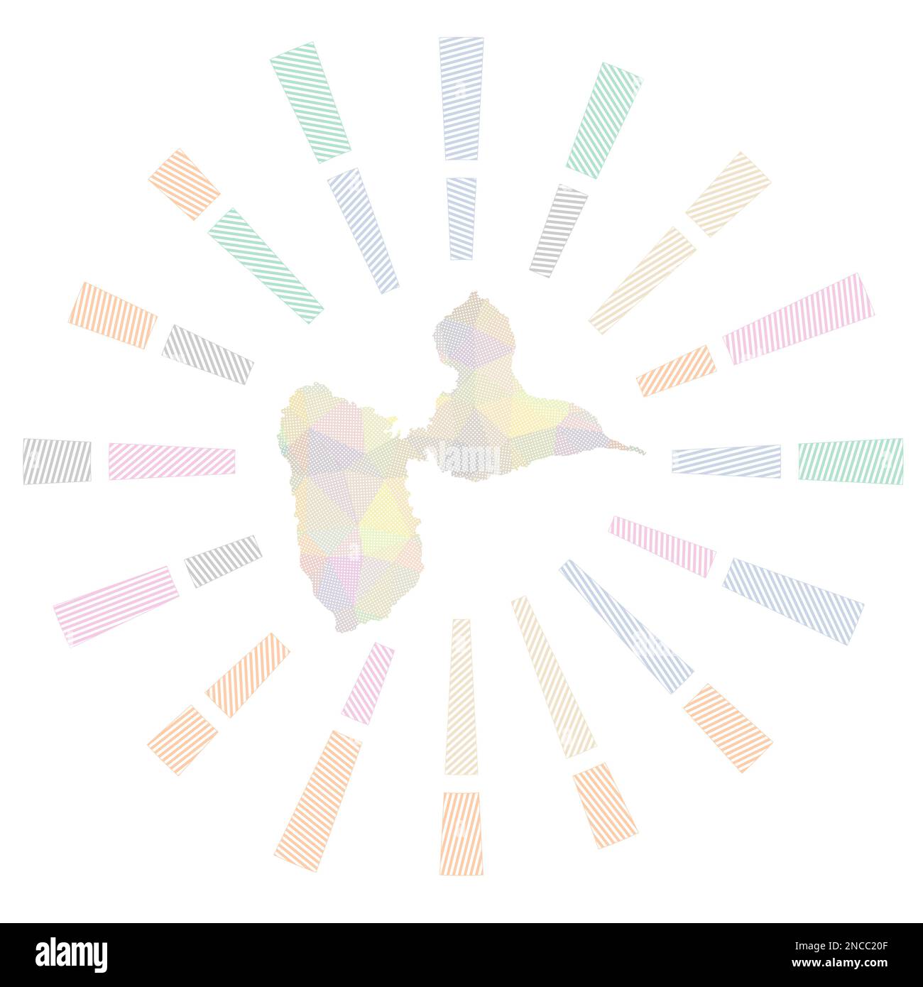 Rafale de soleil sur l'île de Basse-Terre. Faible rayure de polyrayons et carte de l'île. Illustration vectorielle élégante. Illustration de Vecteur
