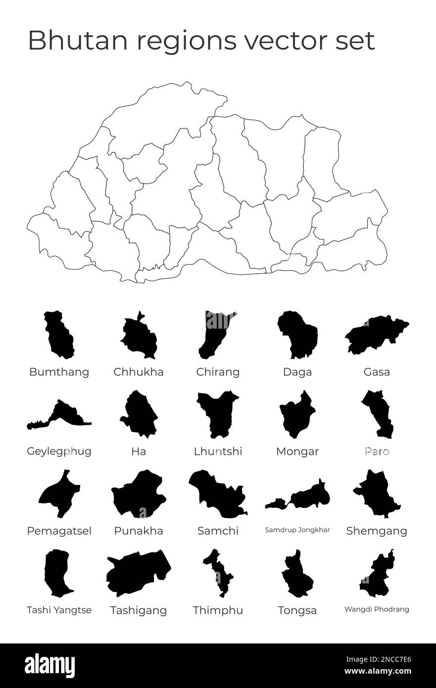 Carte du Bhoutan avec les formes des régions. Carte vectorielle vierge du pays avec les régions. Frontières du pays pour votre infographie. Illustration vectorielle. Illustration de Vecteur