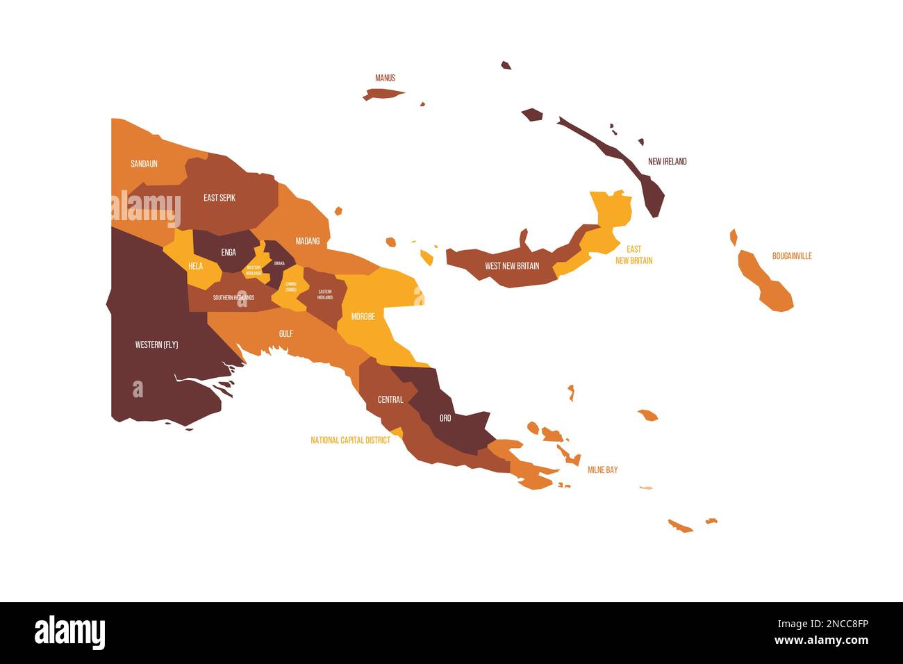 Papouasie-Nouvelle-Guinée carte politique des divisions administratives - provinces, région autonome et District de la capitale nationale. Carte vectorielle plate avec noms. Marron - coloris orange. Illustration de Vecteur