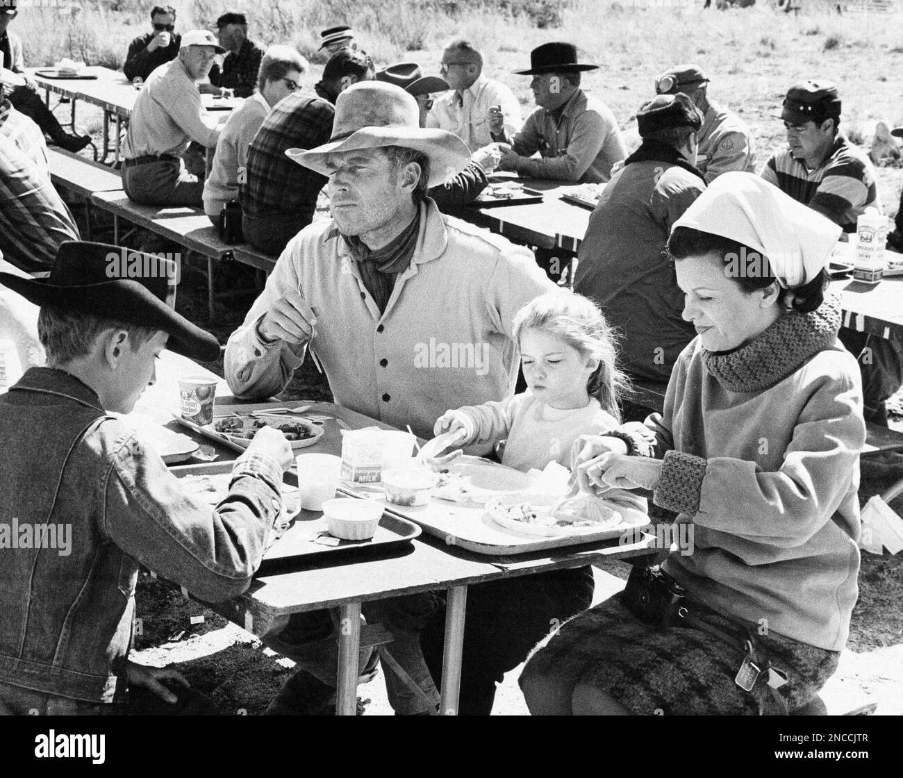 Actor Charlton Heston and his family on location at Bishop, California ...