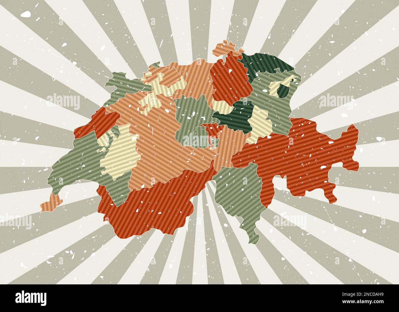 Carte d'époque de la Suisse. Affiche grunge avec carte du pays dans la palette de couleurs rétro. Forme de la Suisse avec le fond de rayons de soleil. Vecteur illu Illustration de Vecteur