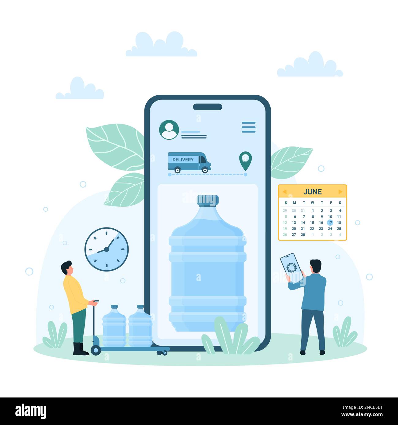 Illustration du vecteur de distribution d'eau vers la porte d'entrée. Caricature de personnes minuscules commander et acheter des bouteilles en plastique avec de l'eau propre potable via l'application mobile dans le téléphone, le chariot de transport des travailleurs avec de grands gallons pour la glacière Illustration de Vecteur