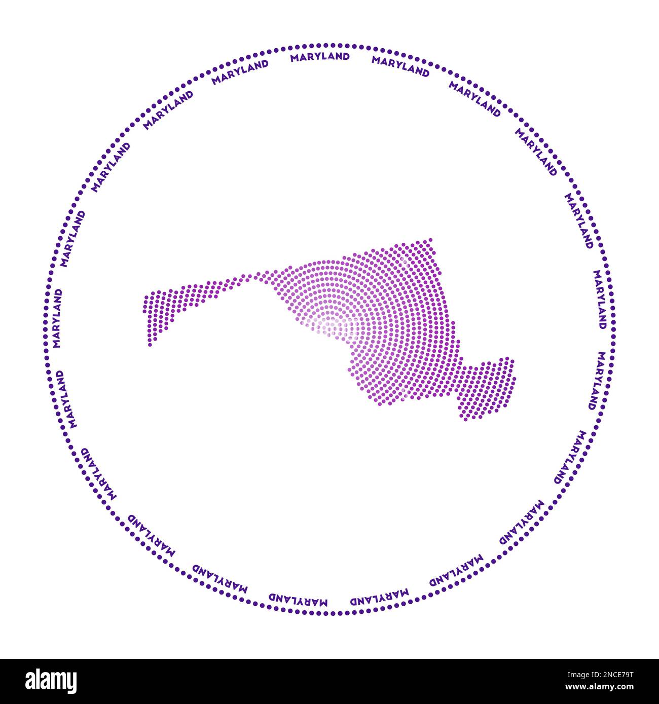Logo rond du Maryland. Forme de style numérique du Maryland en cercle pointillé avec le nom de l'état américain. Icône Tech de l'état américain avec des points gradués. Illustration de Vecteur