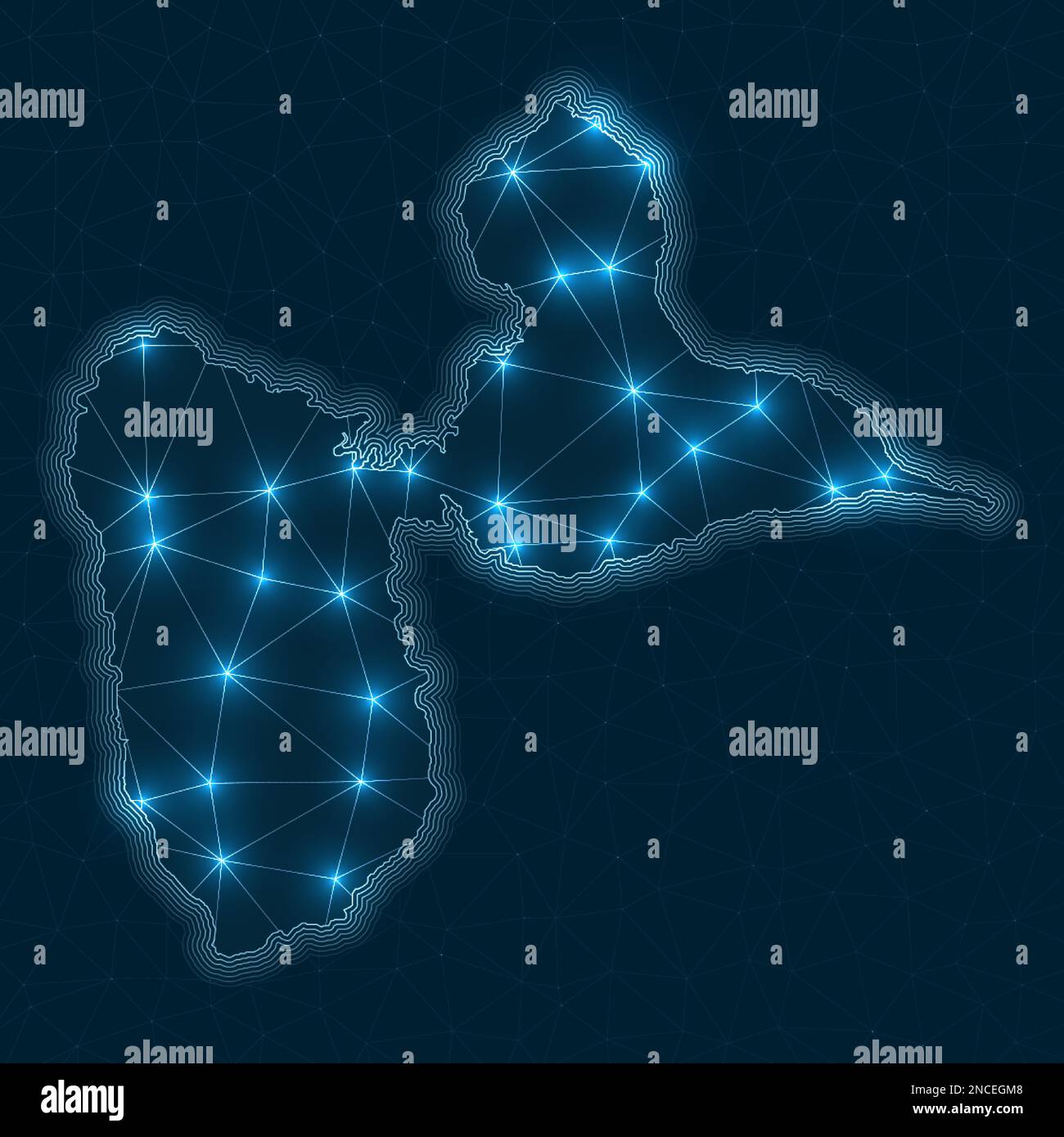 Carte du réseau de Basse-Terre Island. Carte géométrique abstraite de l'île. Connexions numériques et conception des télécommunications. Réseau Internet lumineux. Mode Illustration de Vecteur