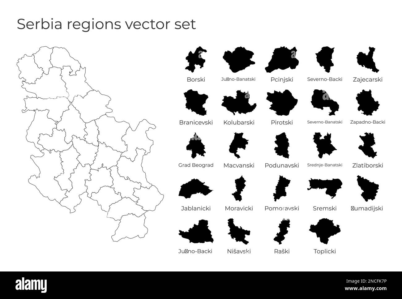 Carte de Serbie avec les formes des régions. Carte vectorielle vierge du pays avec les régions. Frontières du pays pour votre infographie. Illustration vectorielle. Illustration de Vecteur