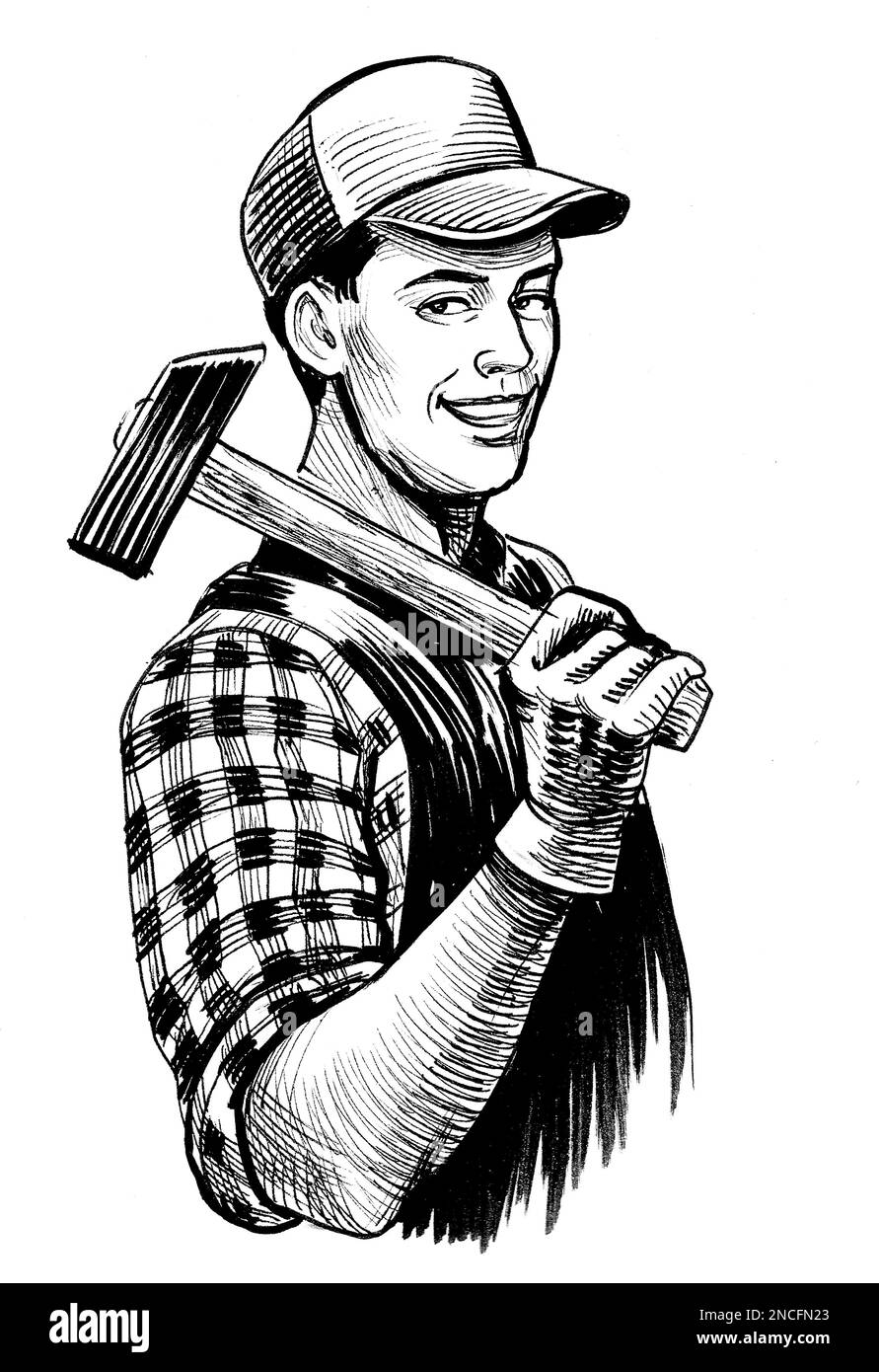 Un travailleur heureux avec un marteau. Dessin noir et blanc Banque D'Images