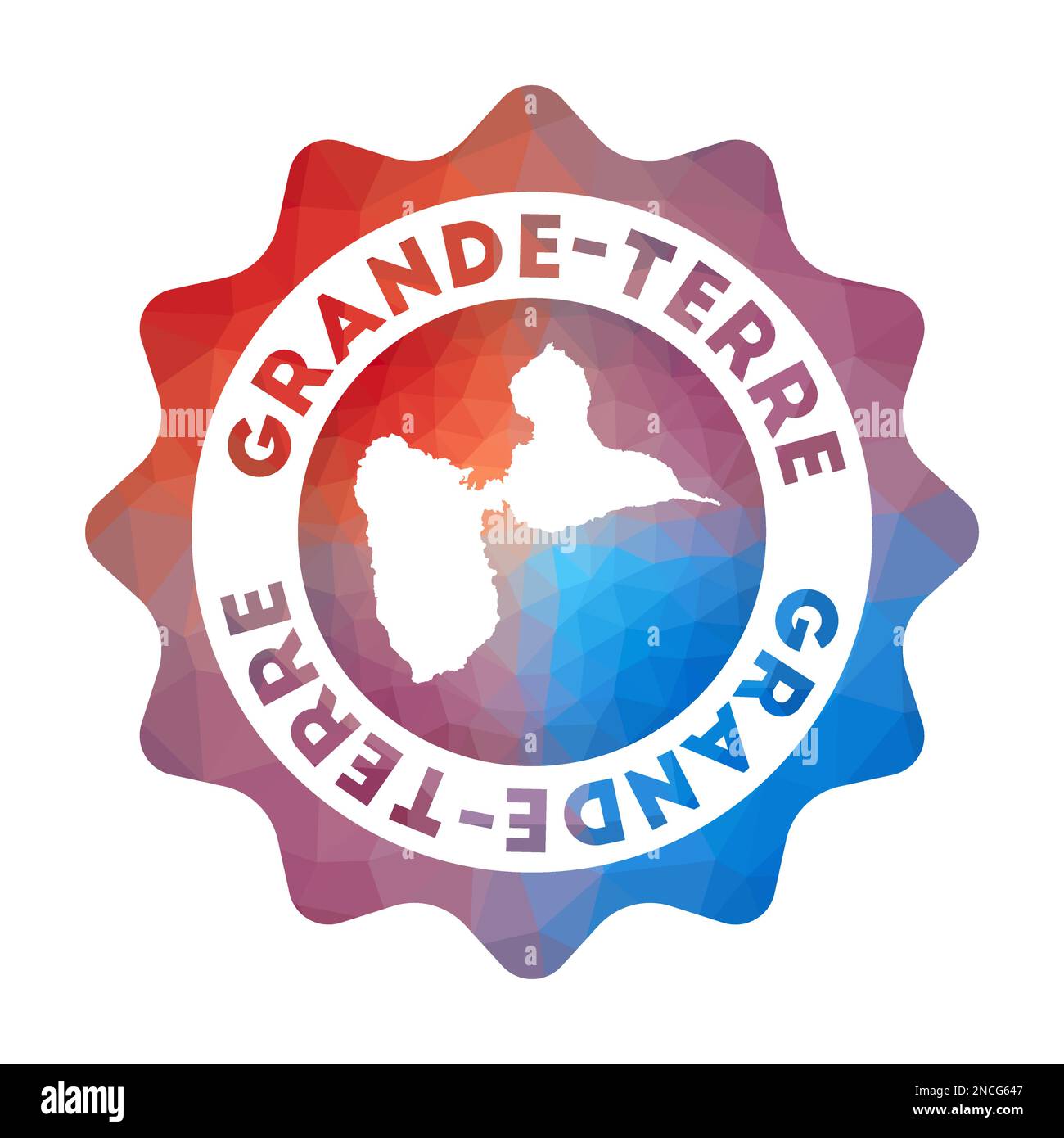 Logo Grande-Terre Low poly. Logo de l'île en dégradé coloré de style géométrique. Panneau rond multicolore polygonal Grande-Terre avec carte Illustration de Vecteur