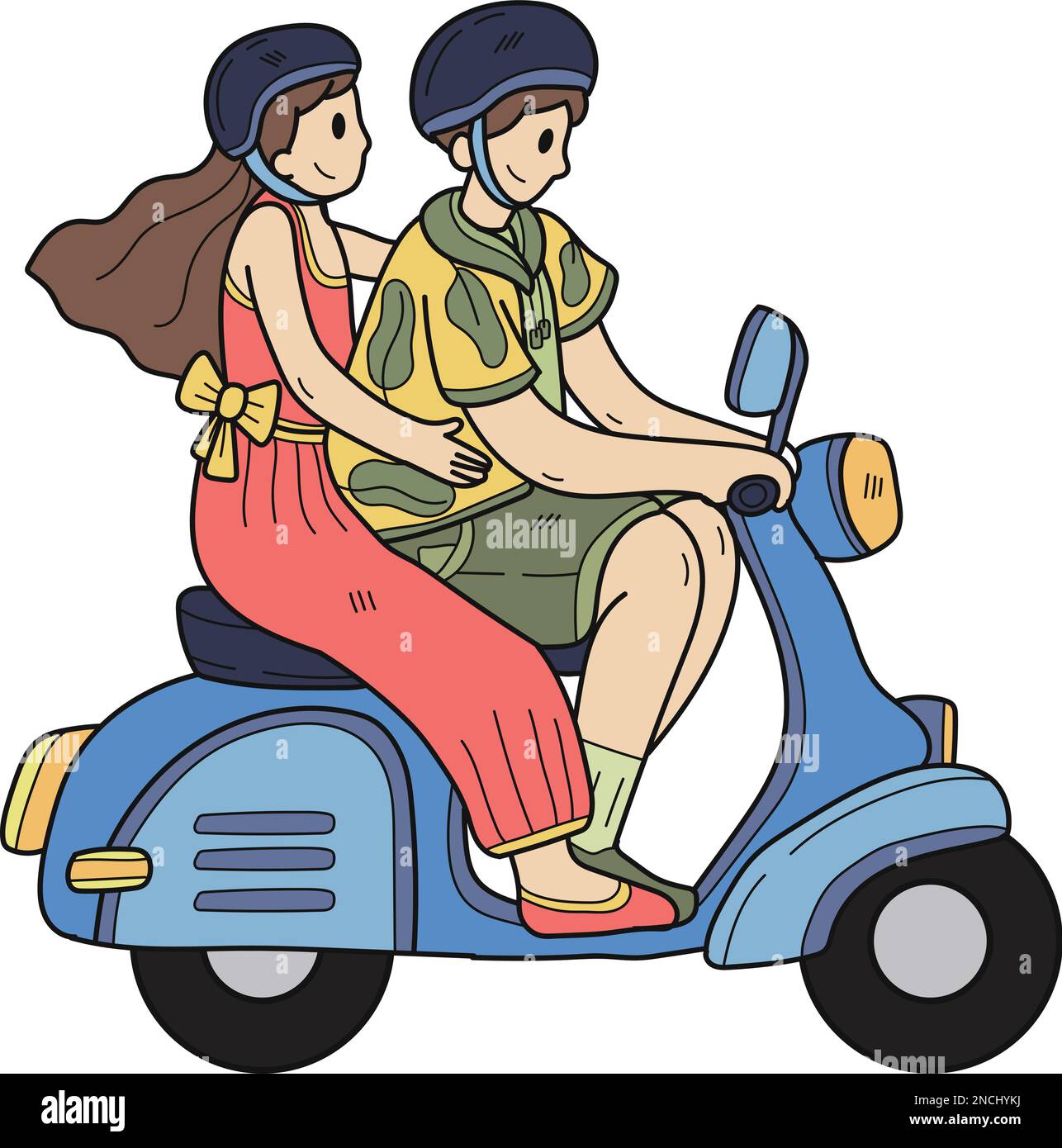 Couple dessiné à la main à bord d'un scooter illustration en forme de doodle isolé sur fond Illustration de Vecteur