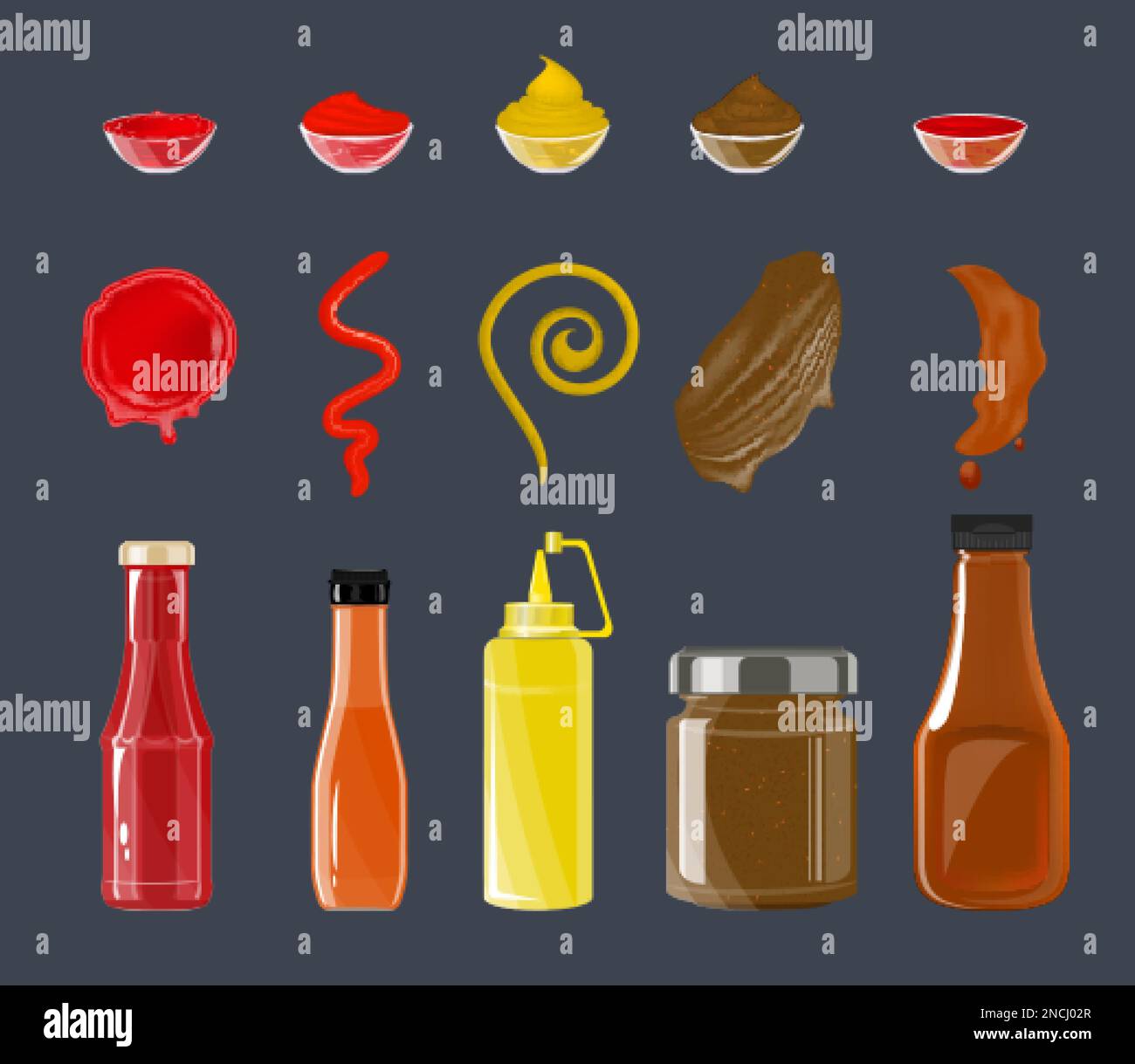 Ensemble plat avec bouteilles et bandes de moutarde au ketchup à la tomate sauce barbecue isolée de l'illustration du vecteur de couleur de fond Illustration de Vecteur