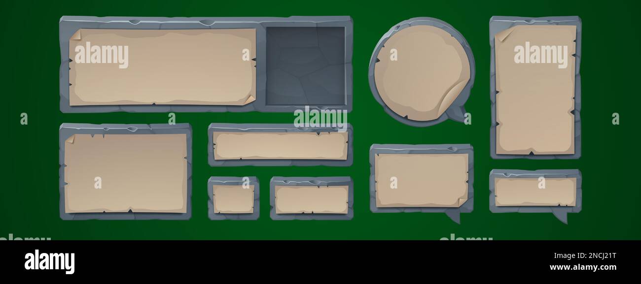 Boîtes de dialogue de jeu, bulles de parole et cadres de texte. Banderoles avec papier vierge ancien et bordure en pierre de style rétro, ensemble de dessins animés vectoriels isolé sur fond Illustration de Vecteur