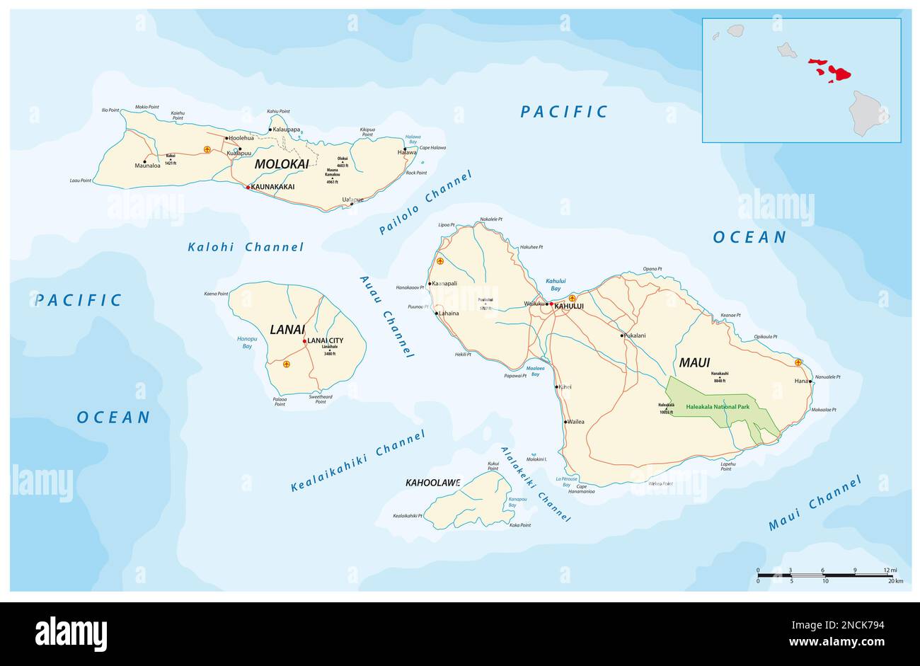Carte routière des îles hawaïennes de Maui, Molokai, Lanai et Kahoolawe Banque D'Images