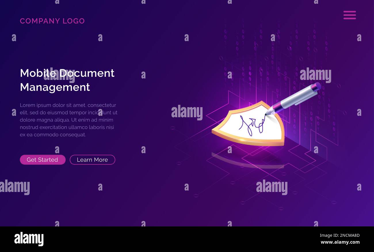 Illustration isométrique du vecteur de concept commercial Mobile document Manager ou e-signature. Signature en ligne, écran et stylet, bannière horizontale violette avec cascade de données, page Web d'arrivée pour l'application Illustration de Vecteur