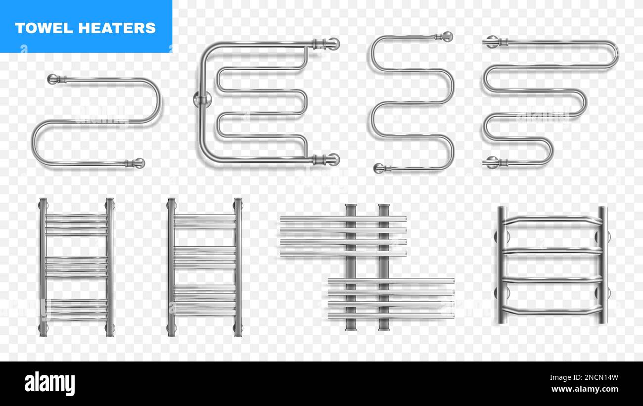 Jeu de porte-serviettes chauffants en métal chromé moderne et réaliste, isolé de l'illustration vectorielle transparente Illustration de Vecteur