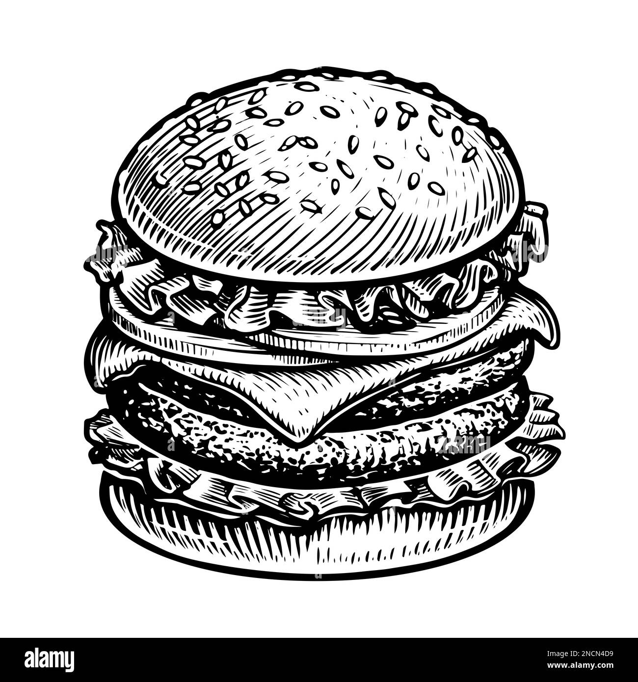 Délicieux hamburger cheeseburger appétissant. Illustration d'un schéma de hamburger dessiné à la main Banque D'Images