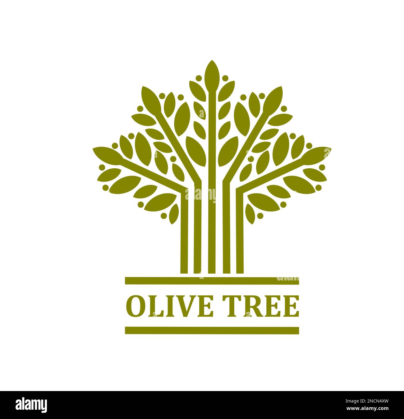 Icône d'olivier, symbole, emblème vectoriel isolé avec plante avec feuilles vertes sur les branches. Label pour l'éco-production, l'identité ou la marque de l'entreprise, les cosmétiques biologiques naturels, la production d'huile et de nourriture Illustration de Vecteur