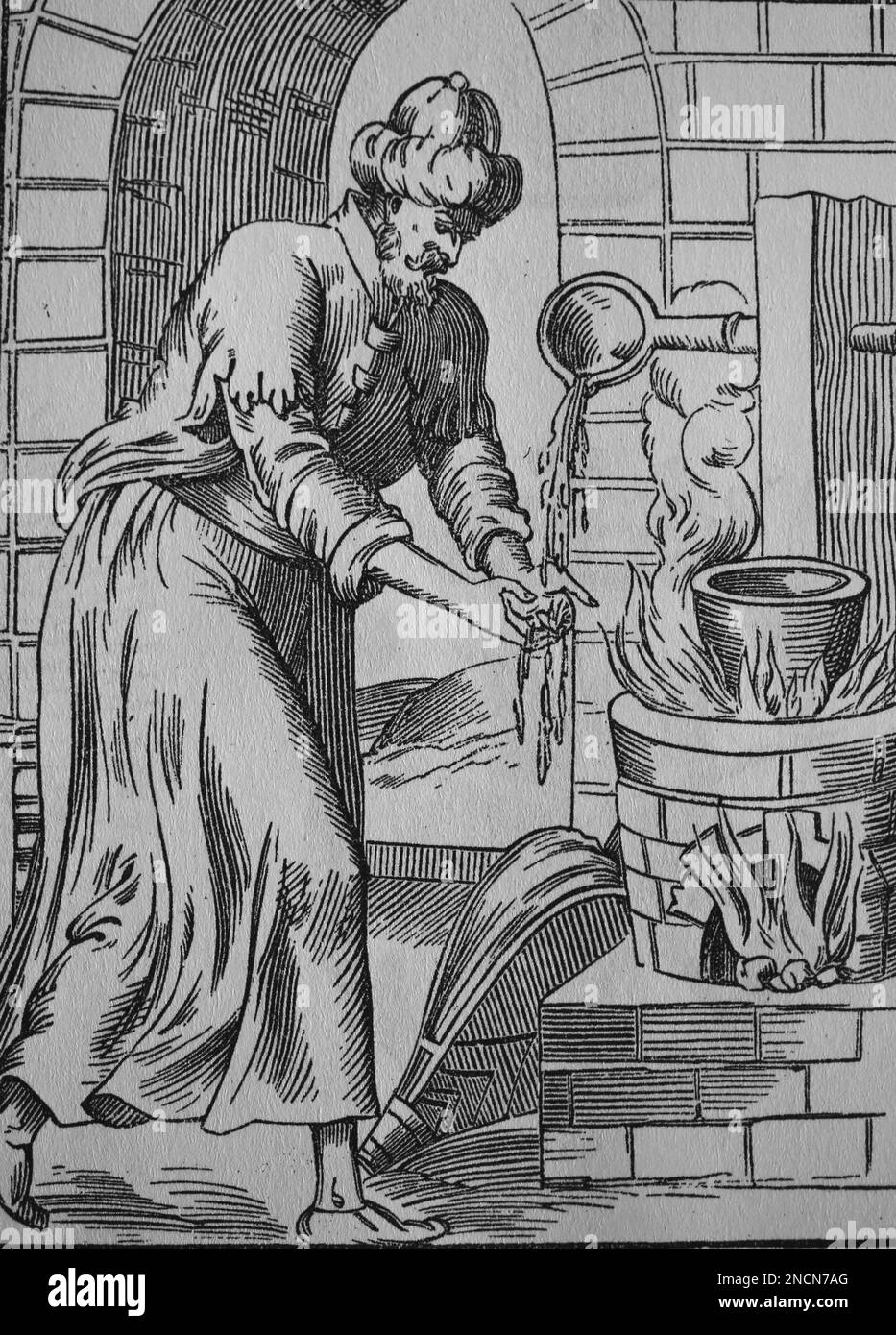 Gypsy qui utilisait se laver les mains en plomb fondu. Gravure, 19th siècle. Banque D'Images