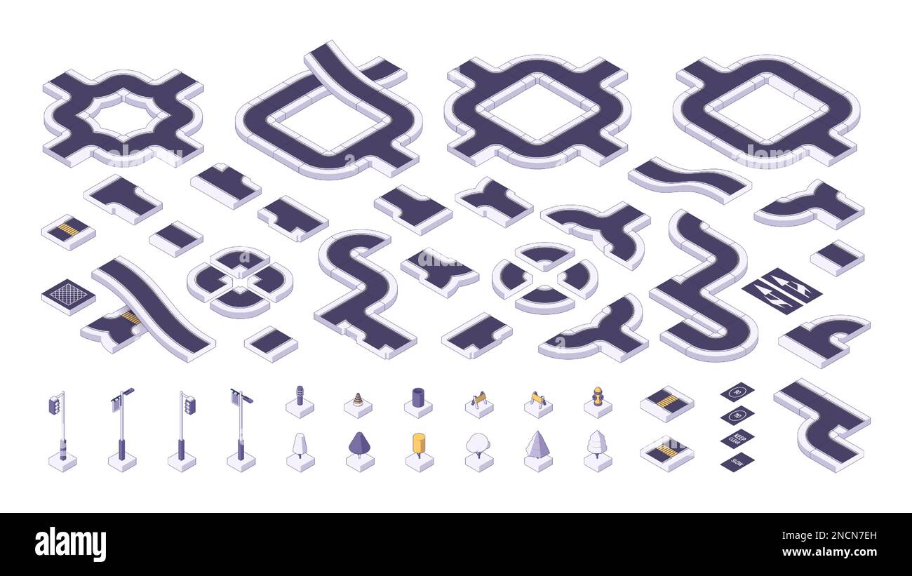 Éléments de route isométriques. Segments de construction de la route urbaine et panneaux d'avertissement de direction routière, chemins de chemin de transport pavé, kit de carte urbaine. Ensemble de vecteurs. Feu de circulation, guide et marquages Illustration de Vecteur