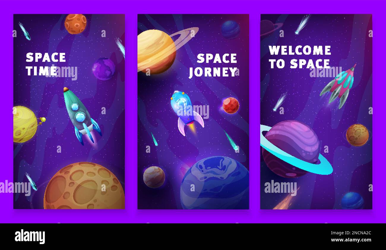 Affiches d'espace de dessin animé, étoiles dans le paysage de galaxie étoilée. Les navettes vectorielles futuristes, les moteurs cosmiques ou les engins spatiaux voyagent dans l'univers avec des planètes, des étoiles et des astéroïdes étrangers. Mission d'exploration Illustration de Vecteur