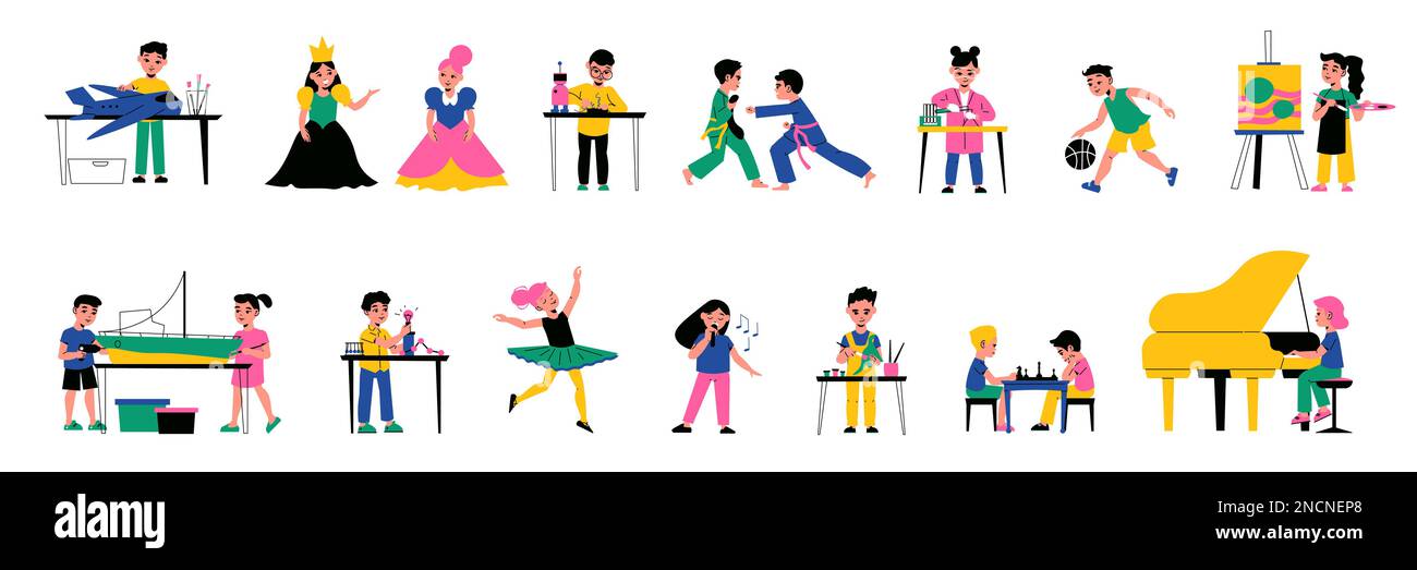 Jeu de couleurs plat d'enfants faisant divers hobbies peinture jouer piano échecs chant robotique drame isolé illustration vectorielle Illustration de Vecteur
