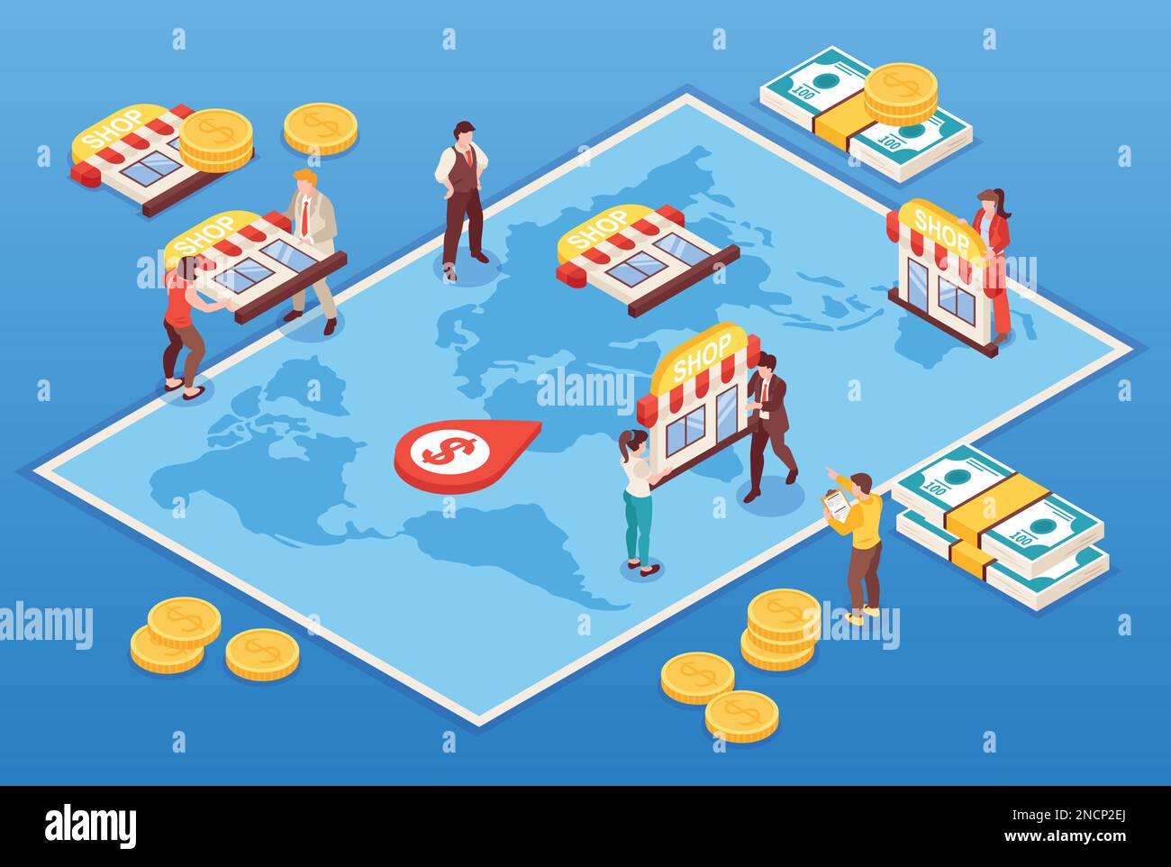 Composition de franchise avec symboles commerciaux et financiers illustration vectorielle isométrique Illustration de Vecteur