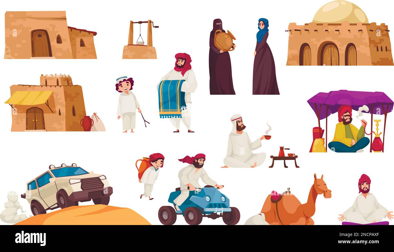 Icônes de dessin animé du désert arabe avec des personnes portant des vêtements orientaux traditionnels illustration vectorielle isolée Illustration de Vecteur