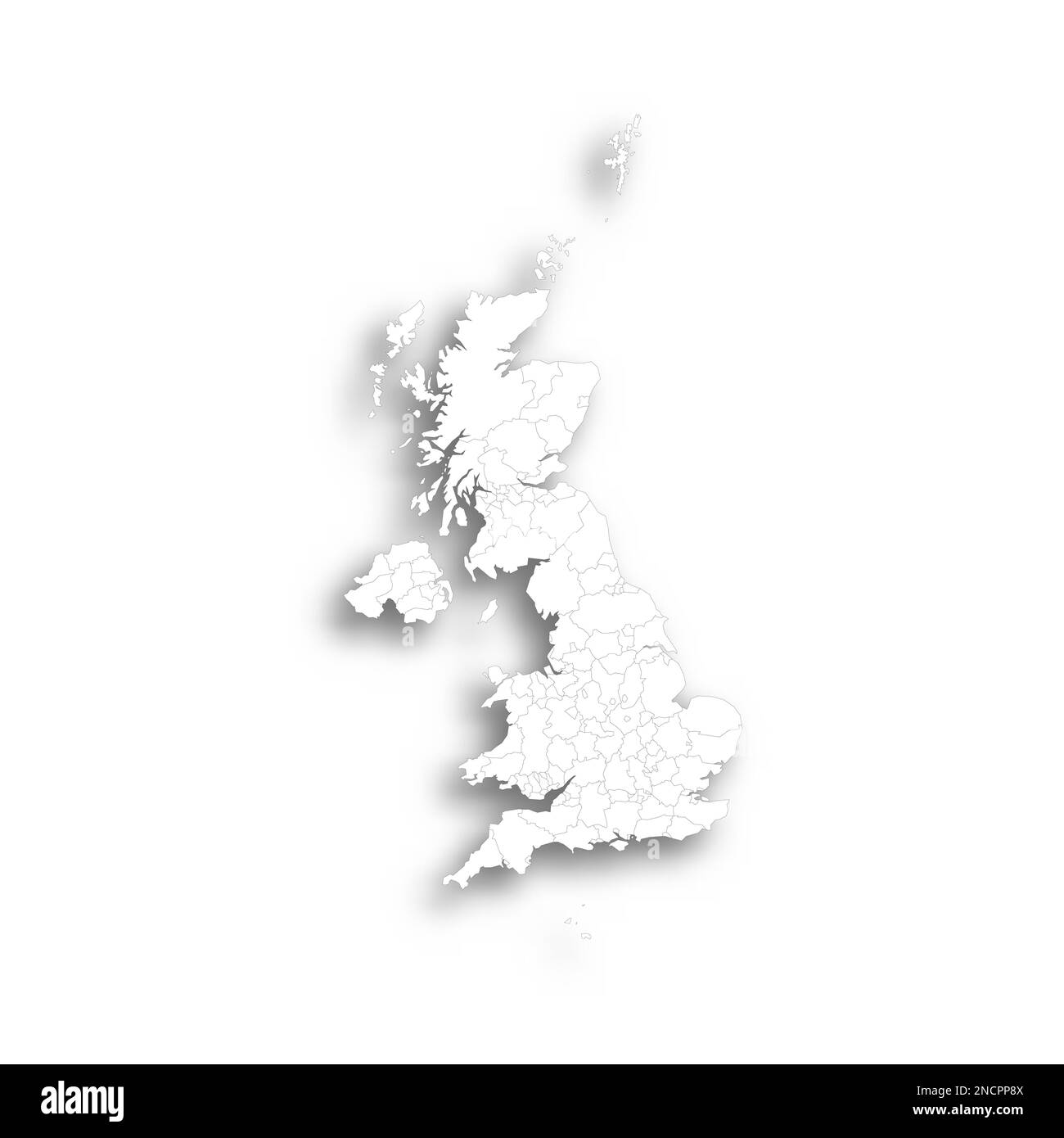 Royaume-Uni de Grande-Bretagne et d'Irlande du Nord carte politique des divisions administratives - comtés, autorités unitaires et Grand Londres en Angleterre, districts d'Irlande du Nord, régions du conseil de l'Écosse et comtés, arrondissements de comté et villes du pays de Galles. Carte blanche plate avec contour noir fin et ombre portée. Illustration de Vecteur
