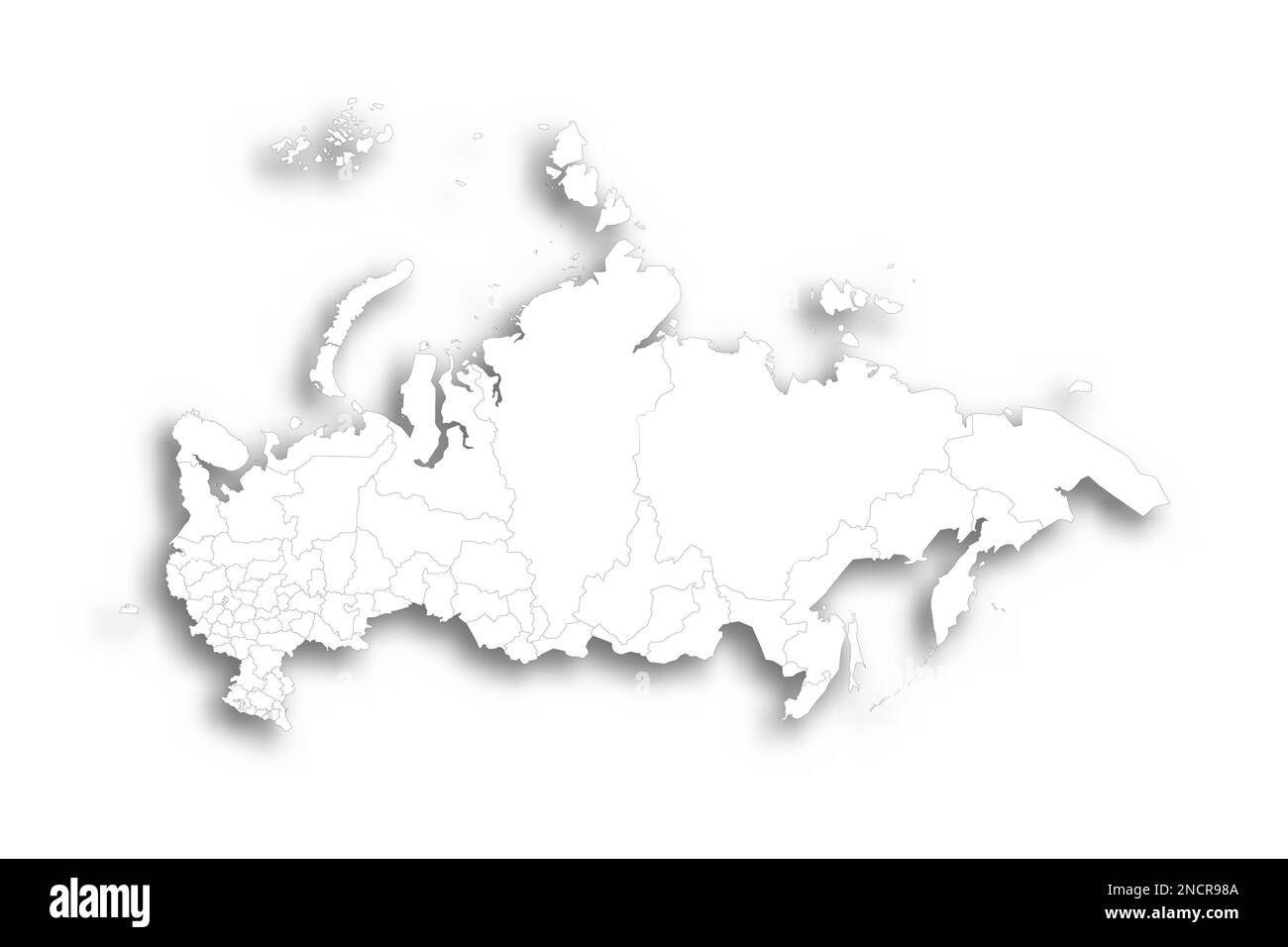 Russie carte politique des divisions administratives - oblasts, républiques, okcarts autonomes, krais, oblast autonomes et 2 villes fédérales de Moscou et Saint-Pétersbourg. Carte blanche plate avec contour noir fin et ombre portée. Illustration de Vecteur