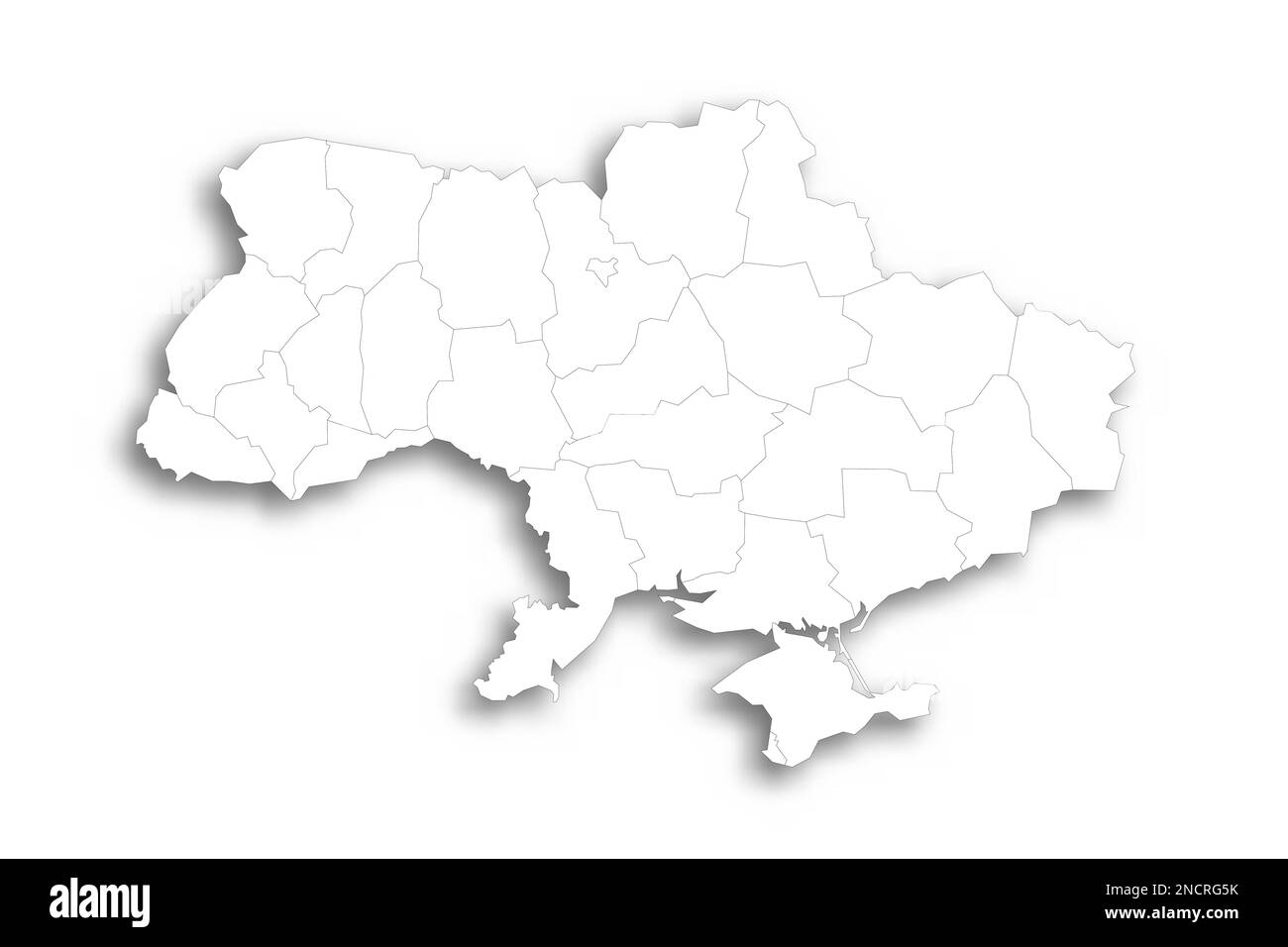 Ukraine carte politique des divisions administratives - régions, deux villes ayant un statut spécial de Kiev et de Sébastopol, et république autonome de Crimée. Carte blanche plate avec contour noir fin et ombre portée. Illustration de Vecteur