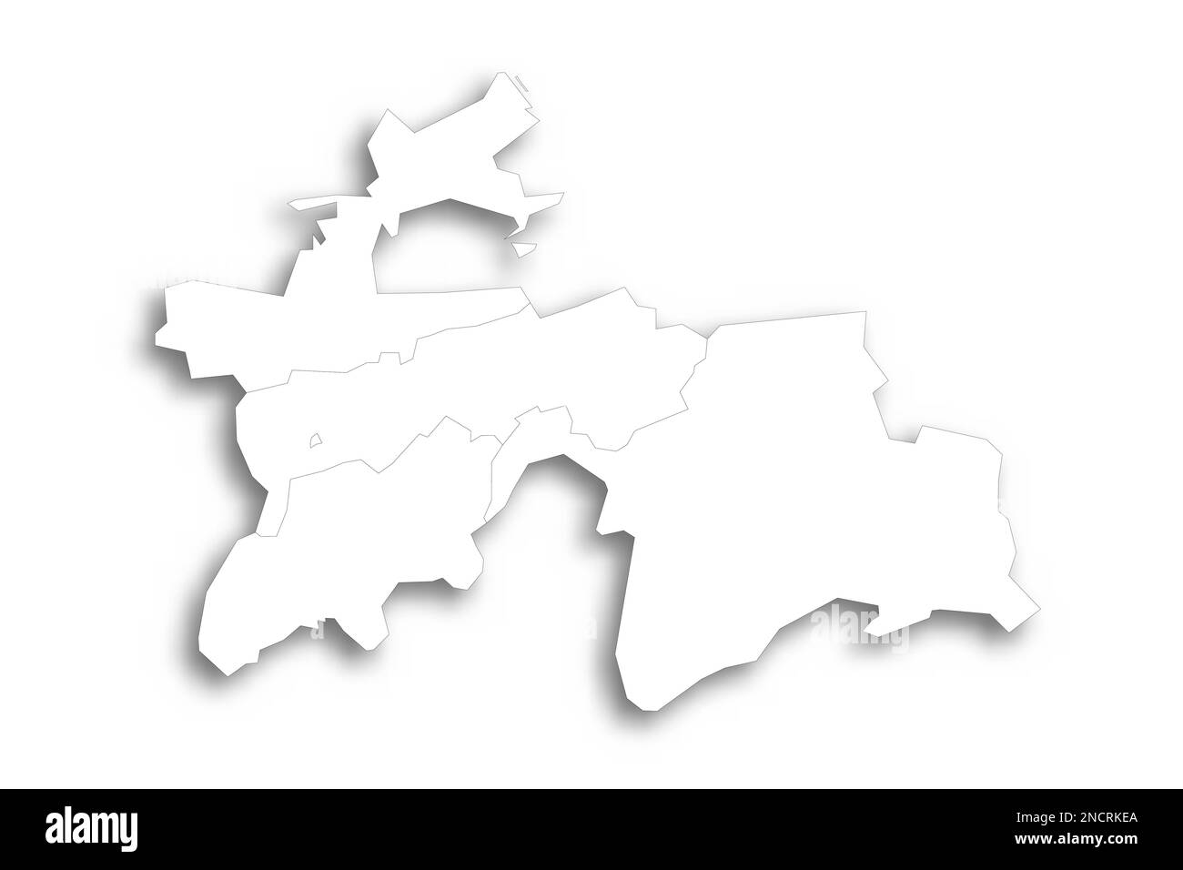 Tadjikistan carte politique des divisions administratives - régions, région autonome de Gorno-Badakhshan, districts de subordination républicaine et capitale de Douchanbé. Carte blanche plate avec contour noir fin et ombre portée. Illustration de Vecteur