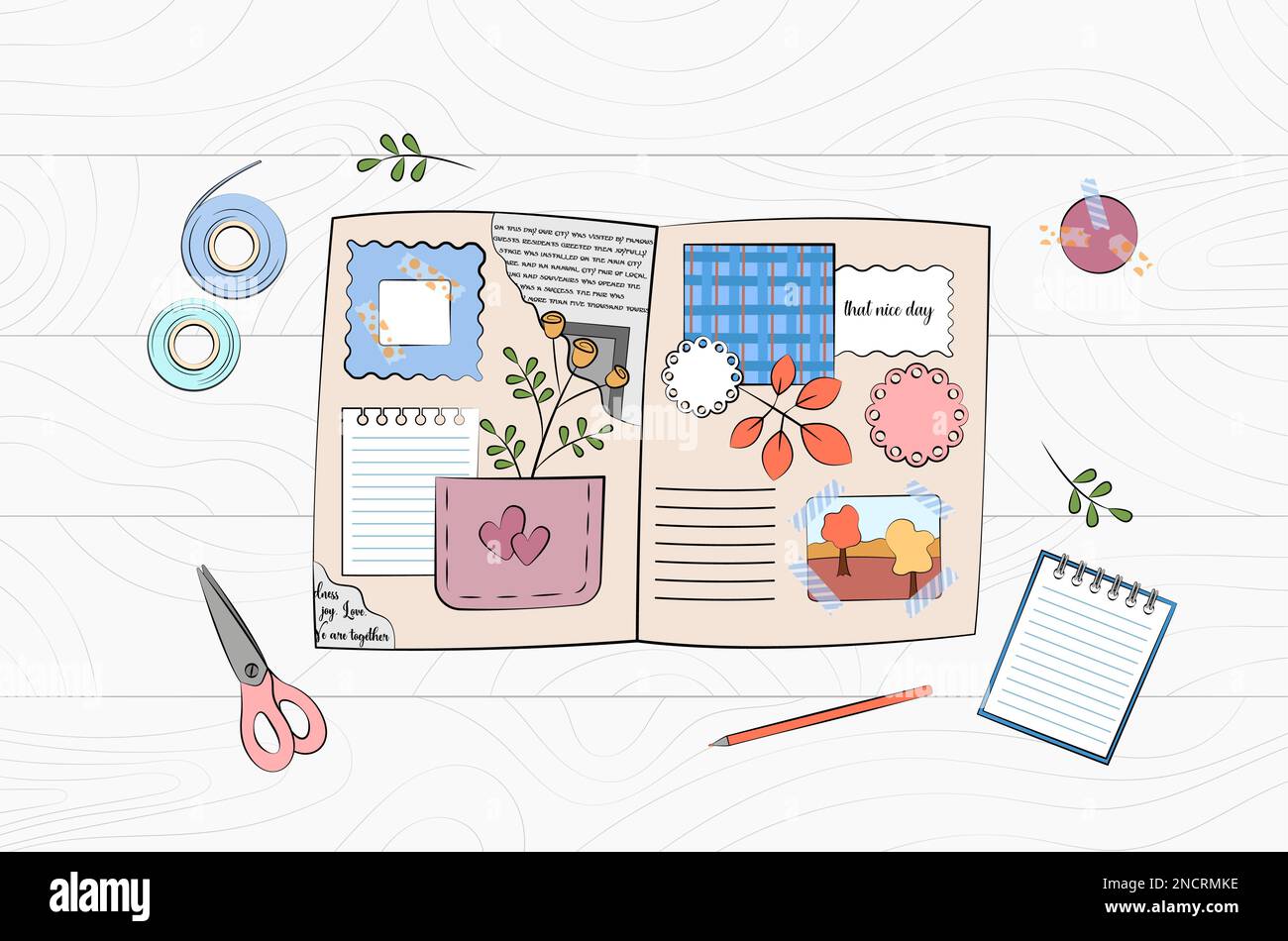 Vue de dessus du lieu de travail de scrapbooking. Éléments de scrapbook, outils et articles de papeterie sur table en bois. Passe-temps de journalisation. Livre avec coupure de journal, photo, note Illustration de Vecteur