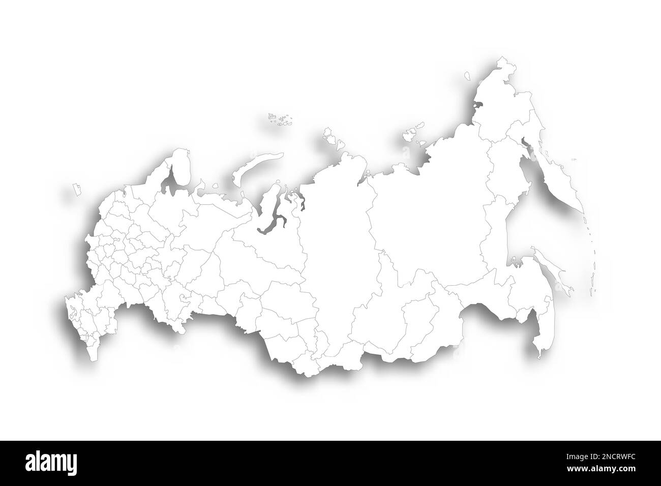 Russie carte politique des divisions administratives - oblasts, républiques, okcarts autonomes, krais, oblast autonomes et 2 villes fédérales de Moscou et Saint-Pétersbourg. Carte blanche plate avec contour noir fin et ombre portée. Illustration de Vecteur