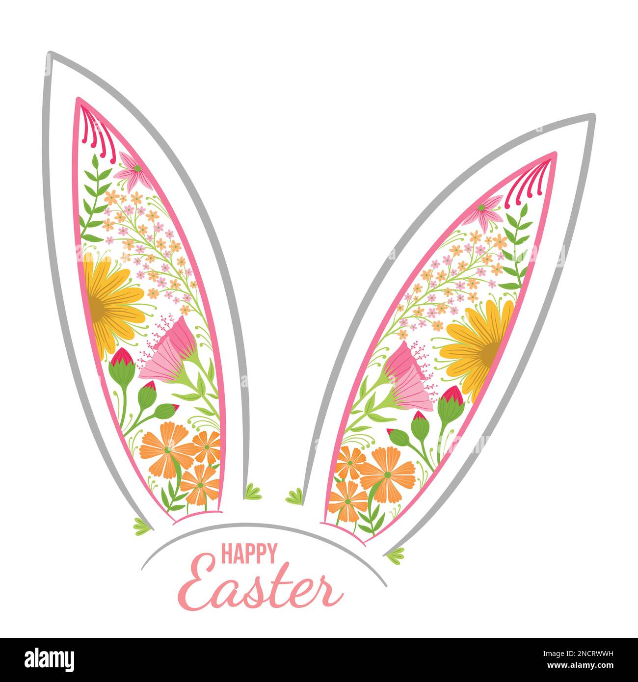 Illustration du vecteur de fêtes créatives joyeuses Pâques. Oreilles de lapin de Pâques à fleurs uniques. Thème de printemps palette de couleurs vives fleurs et feuilles. Médias sociaux Illustration de Vecteur