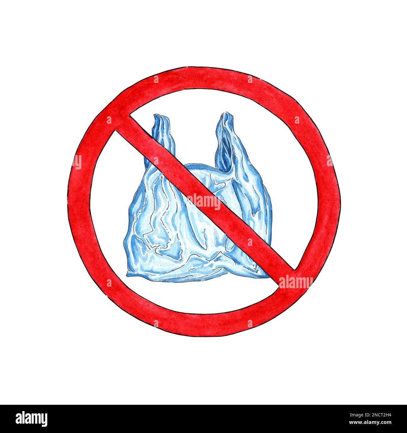 Aquarelle dites pas d'affiche avec sac en plastique. Signe d'interdiction du sac de cellophane et de polyéthylène jetable. Concept de problème de pollution. Le package est dans un Banque D'Images