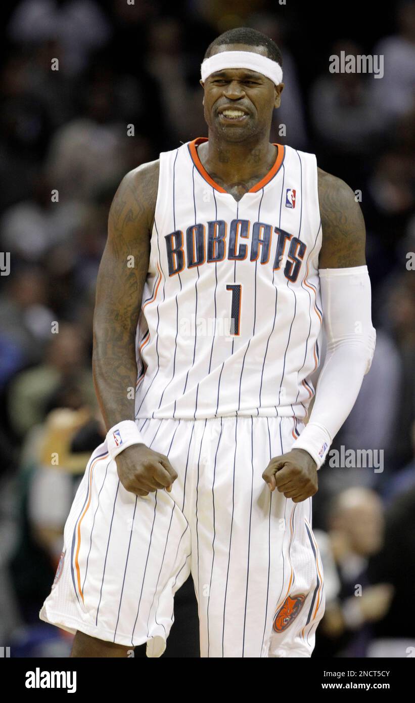 Charlotte Bobcats' Stephen Jackson reacts at the buzzer after their 104-101 loss to the Indiana Pacers in an NBA basketball game in Charlotte, N.C., Friday, Oct. 29, 2010. (AP Photo/Chuck Burton) Banque D'Images