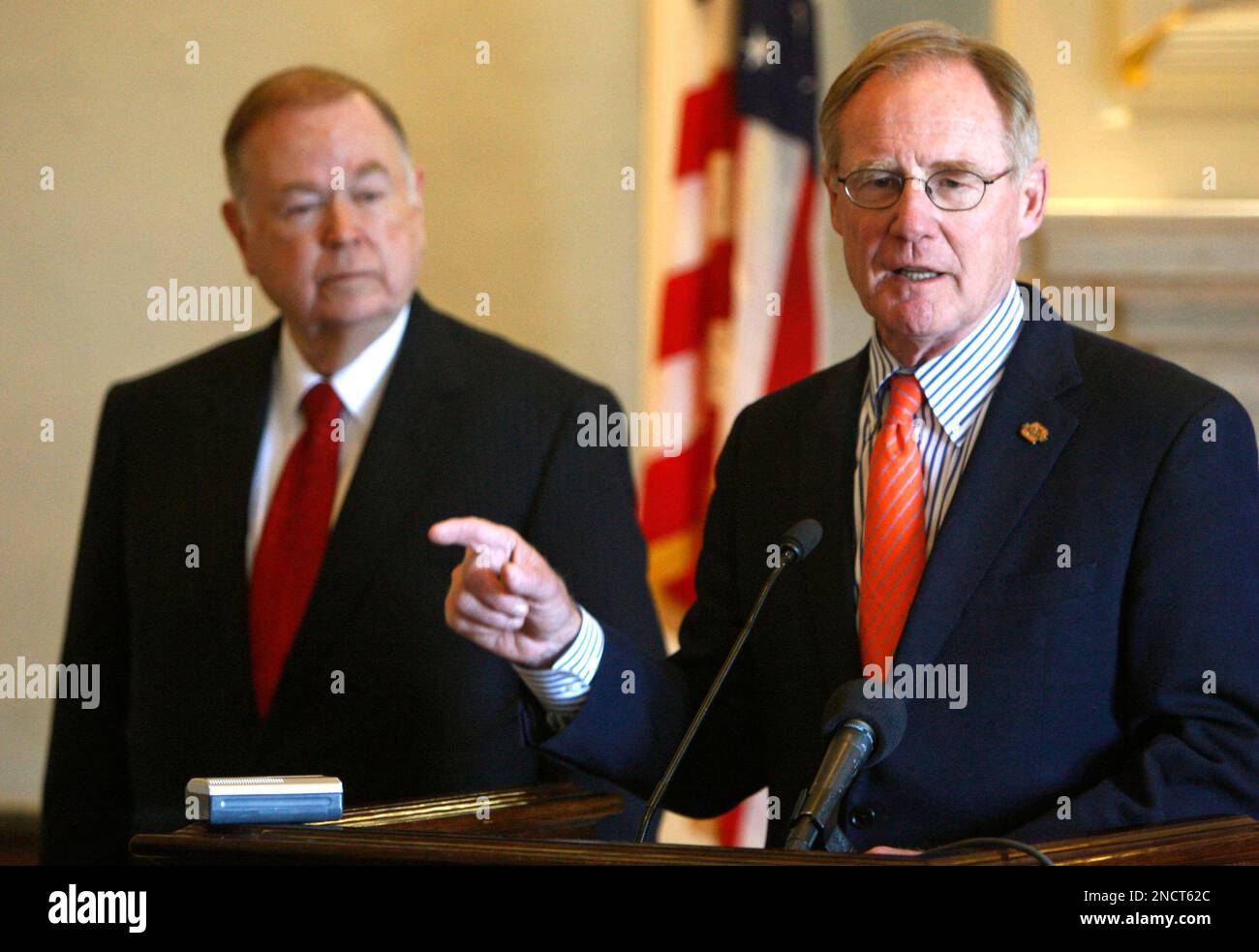 Oklahoma State University President Burns Hargis, right, speaks during