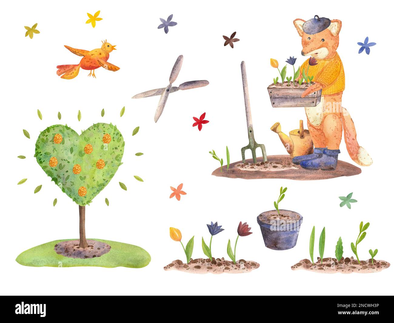 Un jeu d'illustrations aquarelles avec un personnage de renard plantant des fleurs, un arbre en forme de coeur, des fleurs et des outils de jardin. Banque D'Images